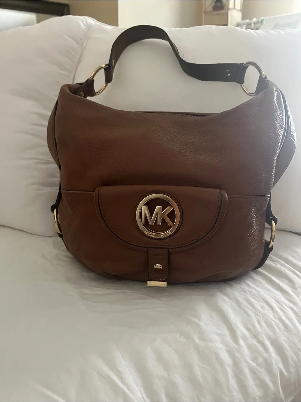 Michael Kors Brown Pebbled Leather Hobo with Gold MK Emblem